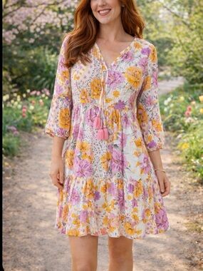 Spring 🌸🌸🌻White Floral Boho Tassel Dress - Pink & Orange Flowers